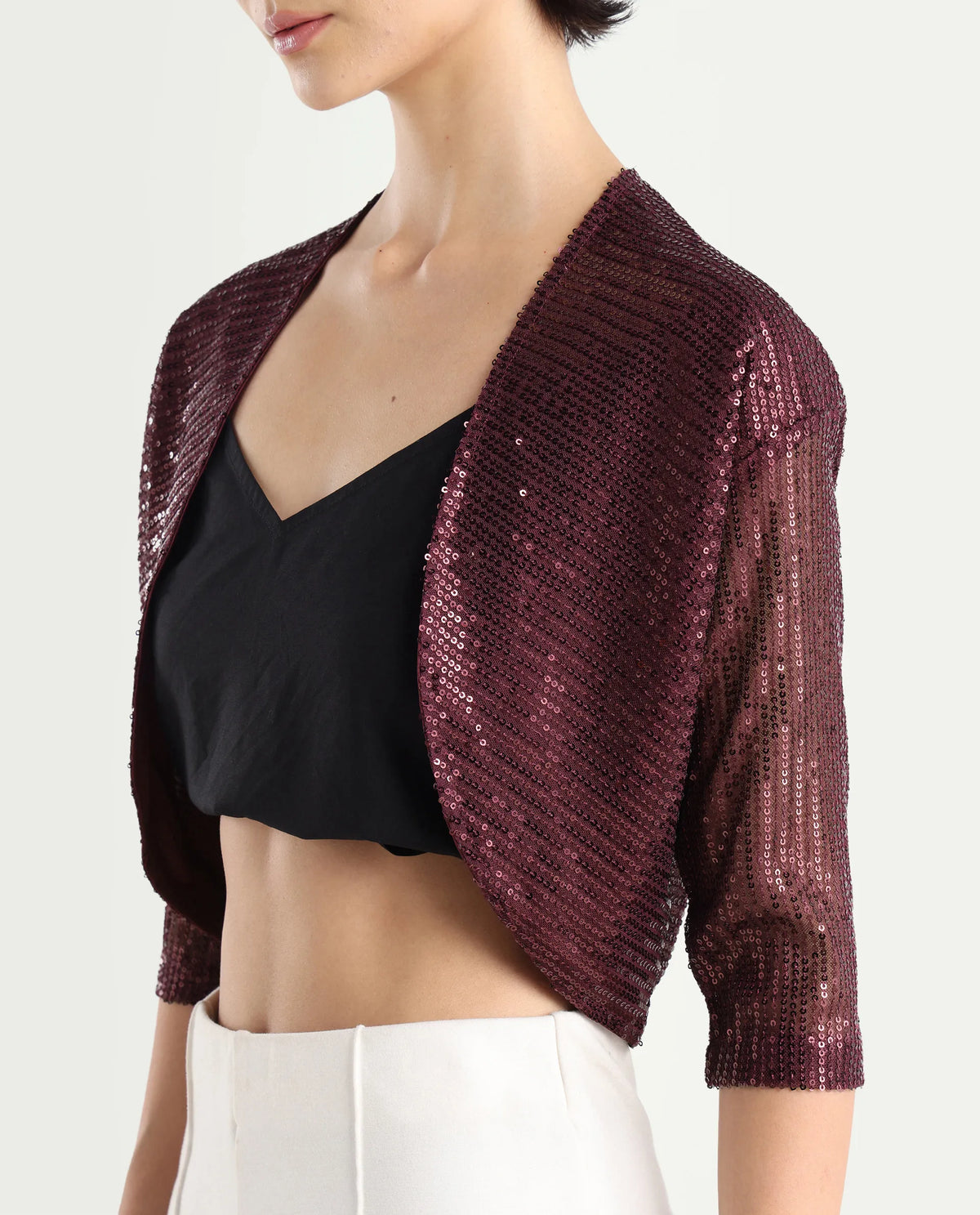 Rareism Women's Agog Maroon Nylon Collarless Sequined Knee Length Regular Fit Shrug