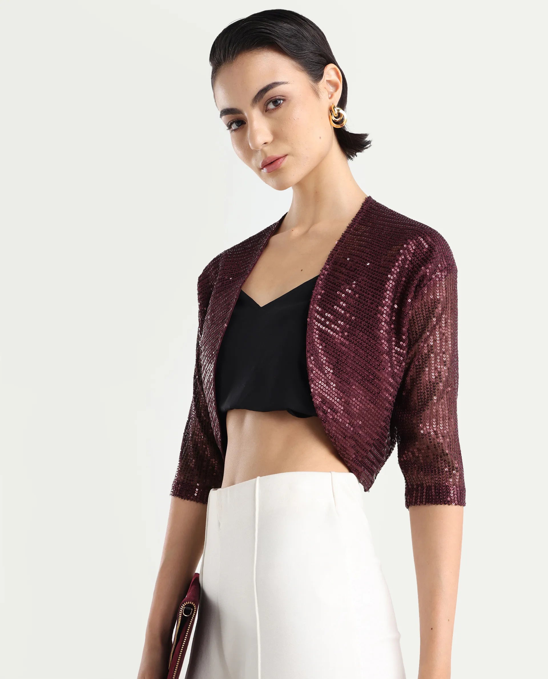 Rareism Women's Agog Maroon Nylon Collarless Sequined Knee Length Regular Fit Shrug