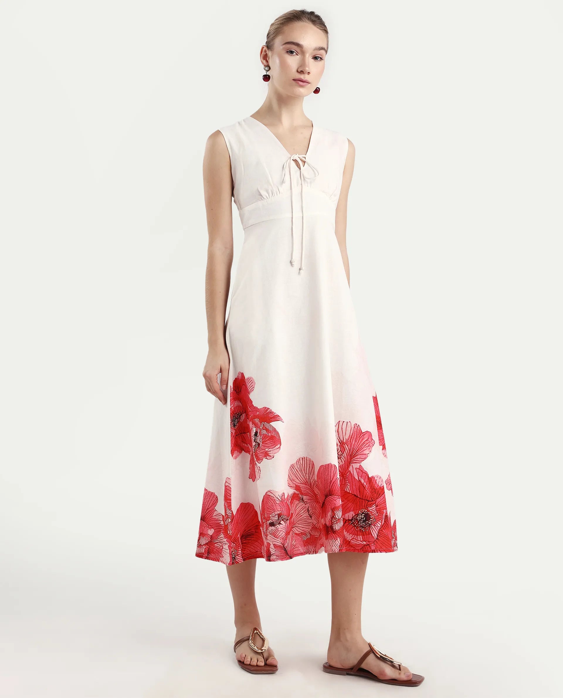 Rareism Women's Ago Off White Viscose Blend Sleeveless Fit And Flare Floral Print Dress