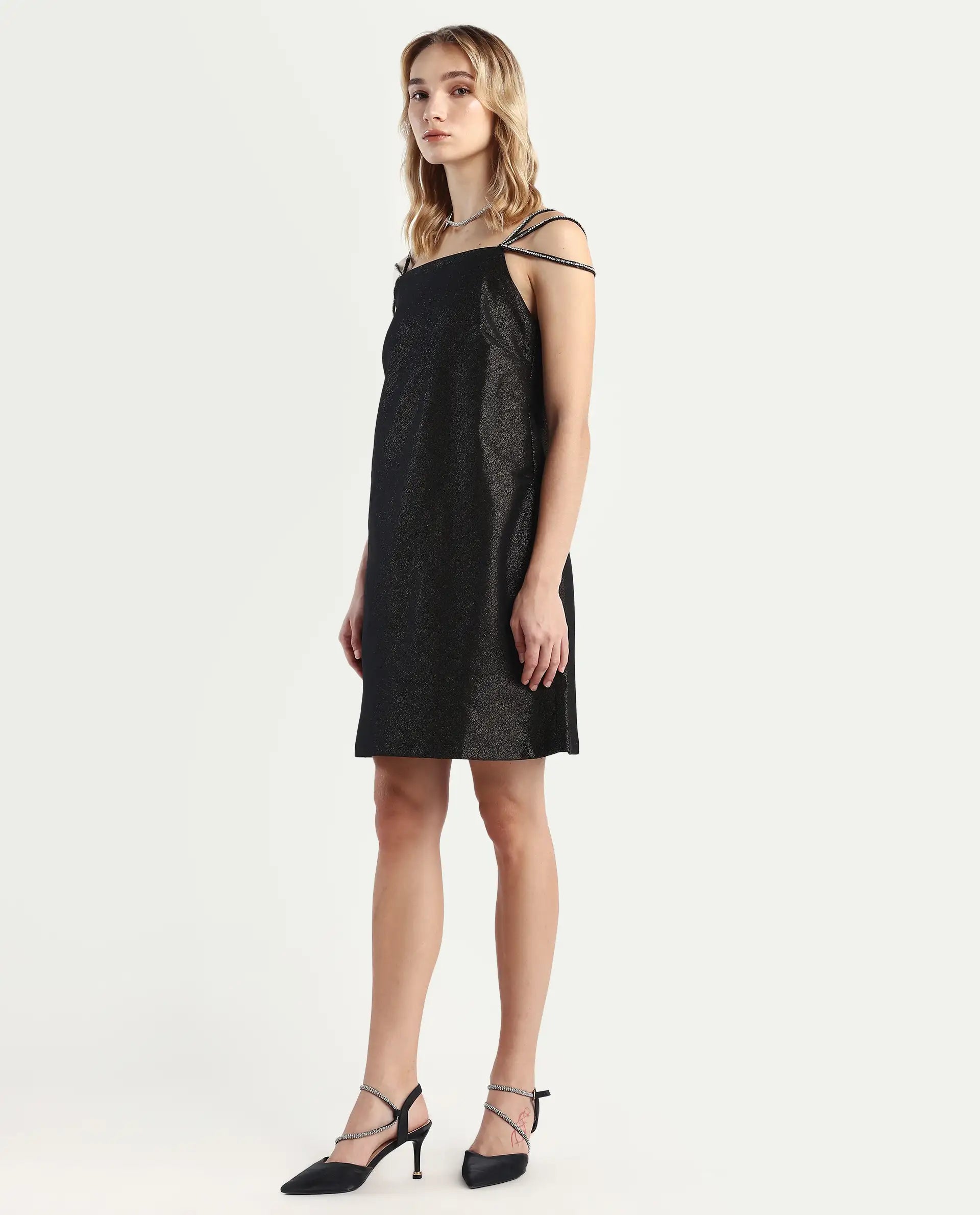 Rareism Women's Agri Black Polyester Shoulder Strap Jacquard Sleeveless Mini Regular Fit Dress