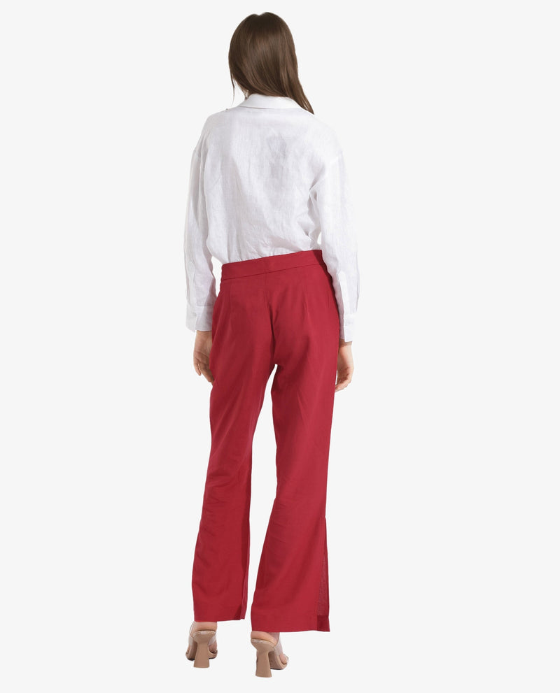 Rareism Women Ahome Dark Red Wide Plain Ankle Length Trouser