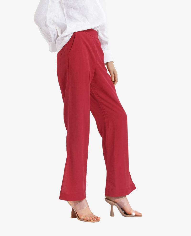 Rareism Women Ahome Dark Red Wide Plain Ankle Length Trouser