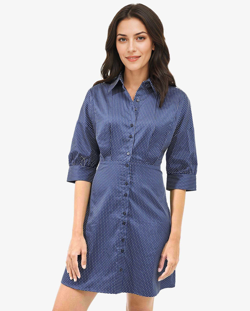 Rareism Women'S Aiday Dark Blue Cotton Fabric Polka Dot Print Collared Neck Dress