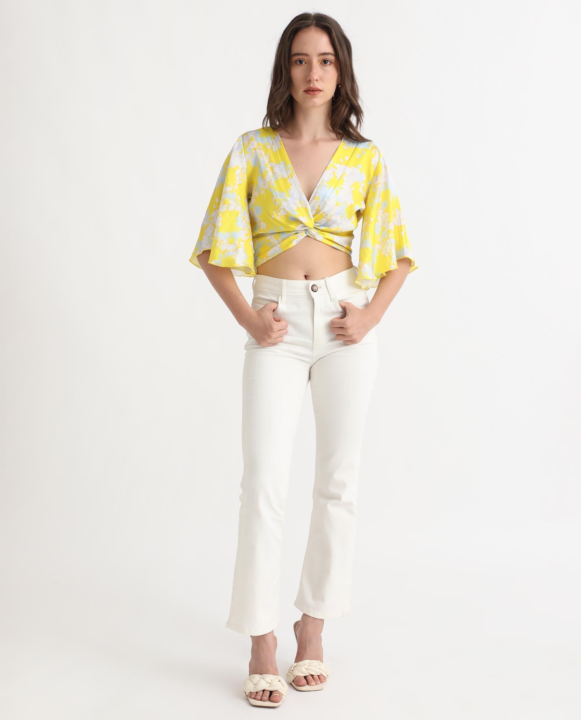 Rareism Women's Ainara Yellow Polyester V-Neck Abstract Print Flared Sleeve Crop Regular Fit Top