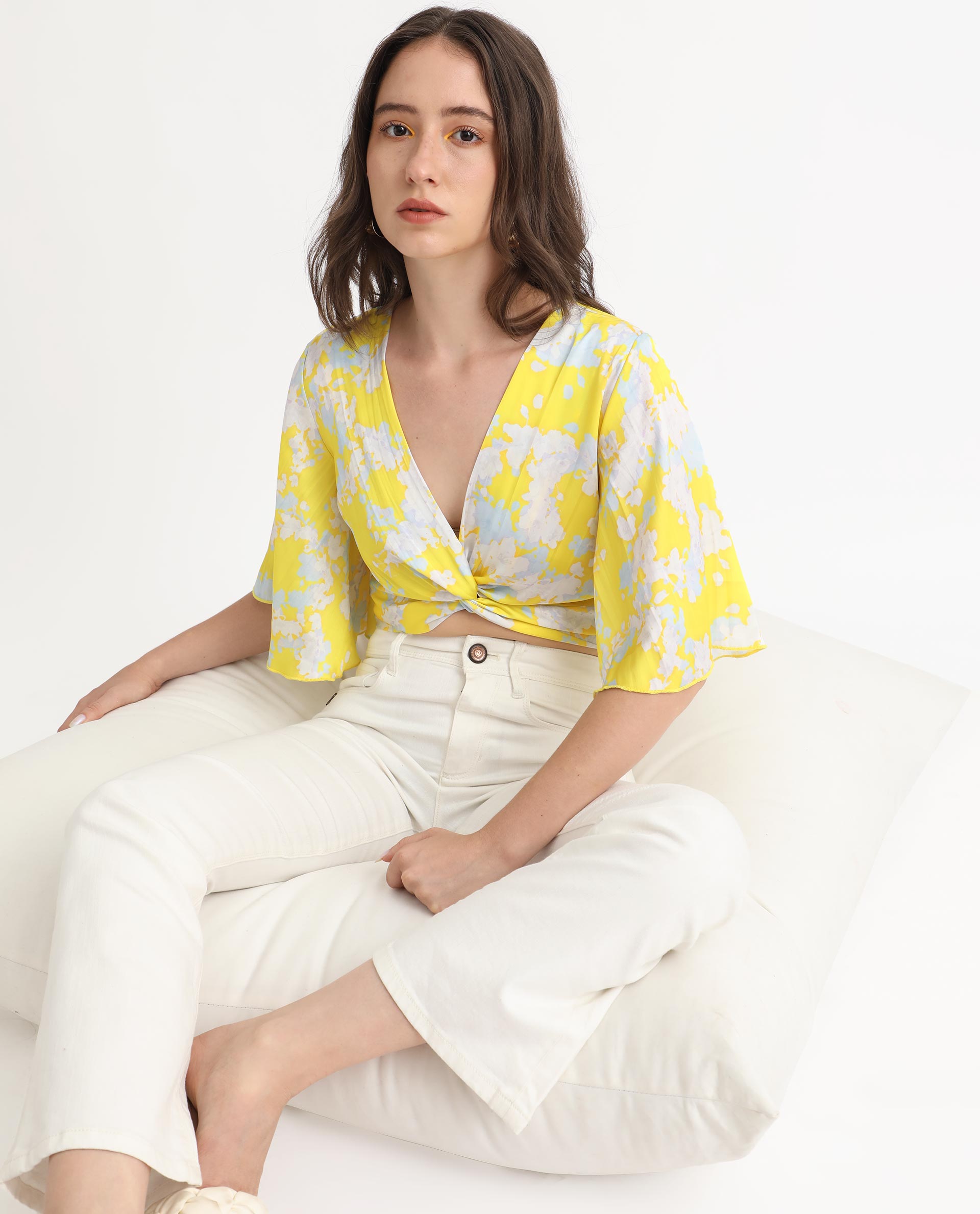 Rareism Women's Ainara Yellow Polyester V-Neck Abstract Print Flared Sleeve Crop Regular Fit Top