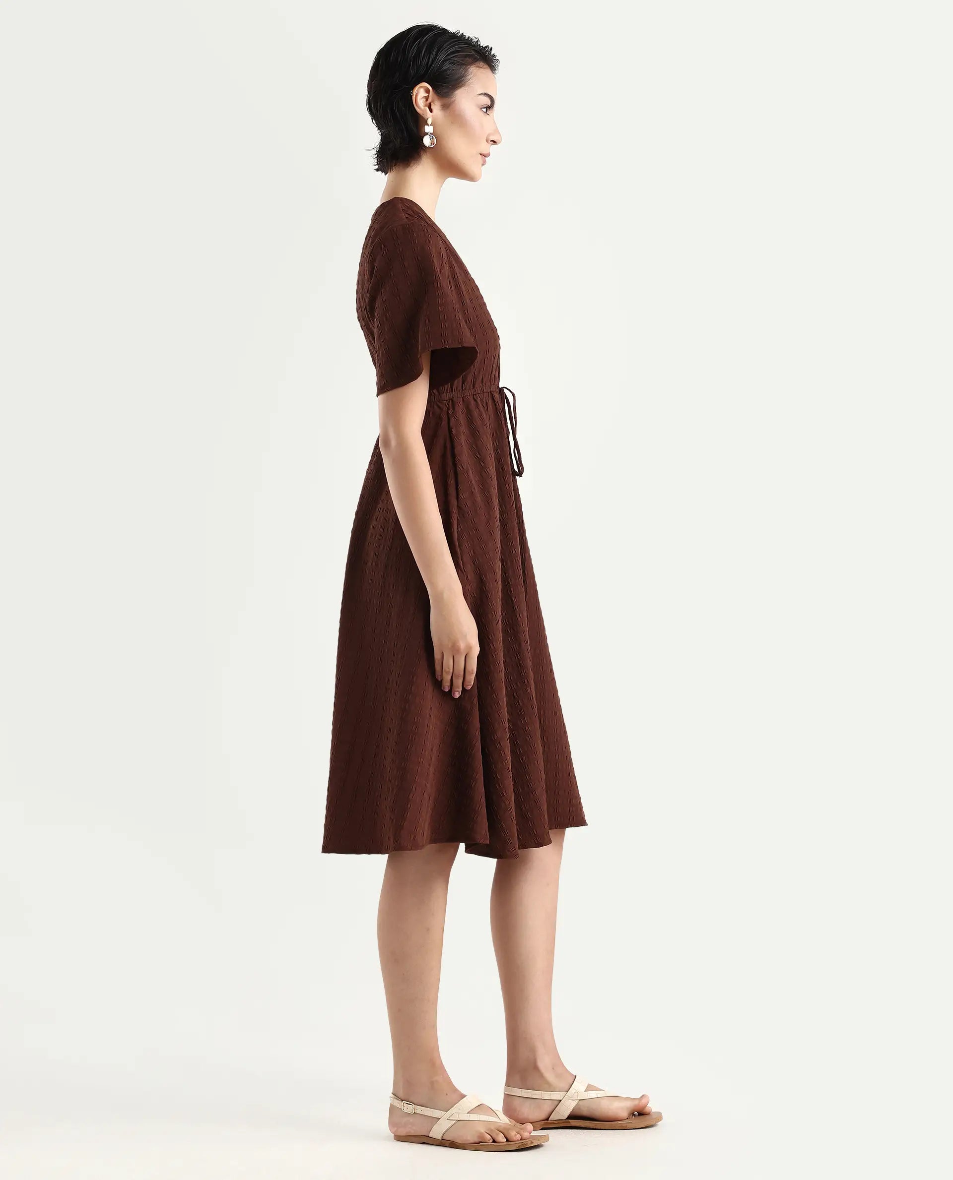 Rareism Women's Airin Rust Polyester Half Sleeve V-Neck Flared Dress