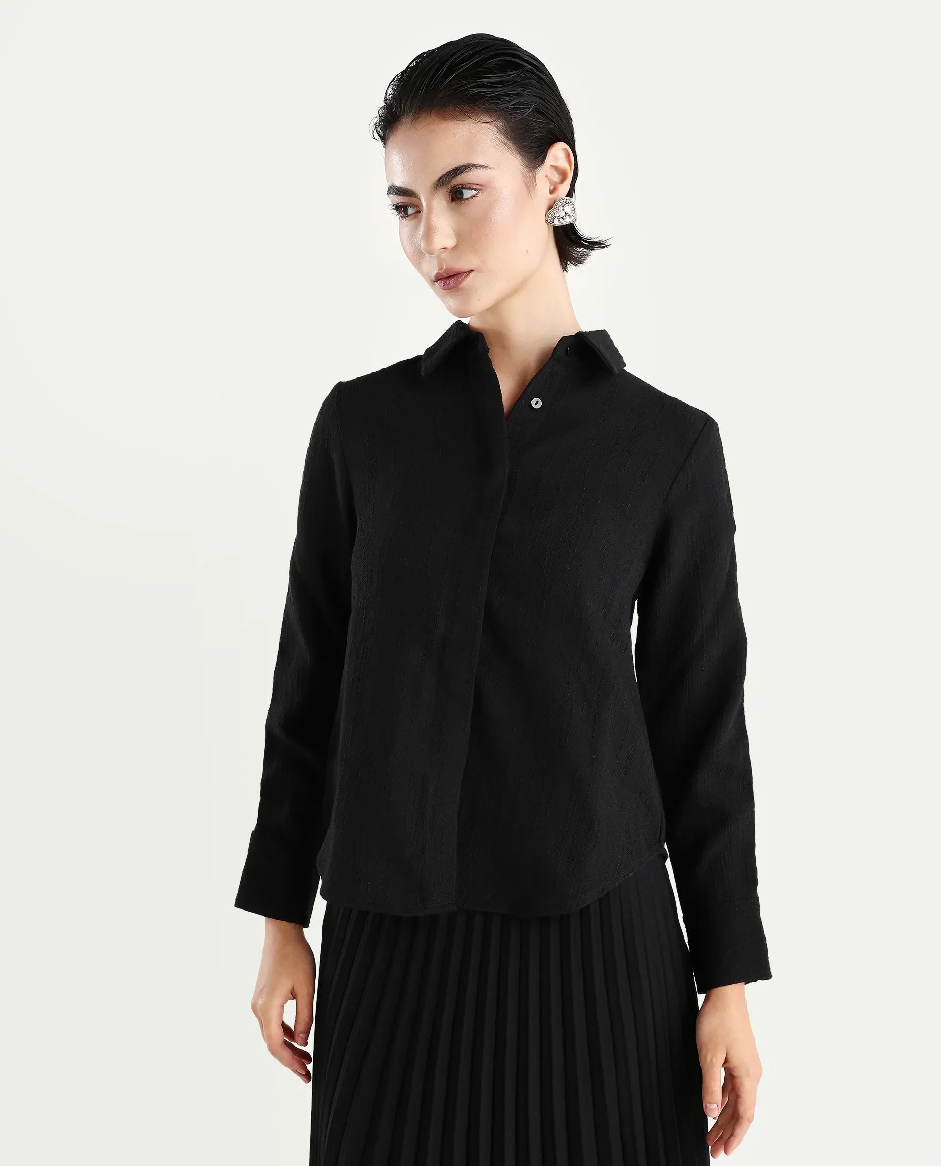 Rareism Women's Aivva Black Satin Drop Collar Dyed Cuffed Sleeve Regular Fit Shirt