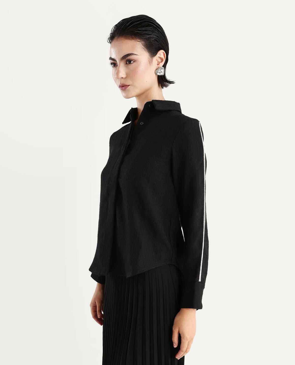 Rareism Women's Aivva Black Satin Drop Collar Dyed Cuffed Sleeve Regular Fit Shirt
