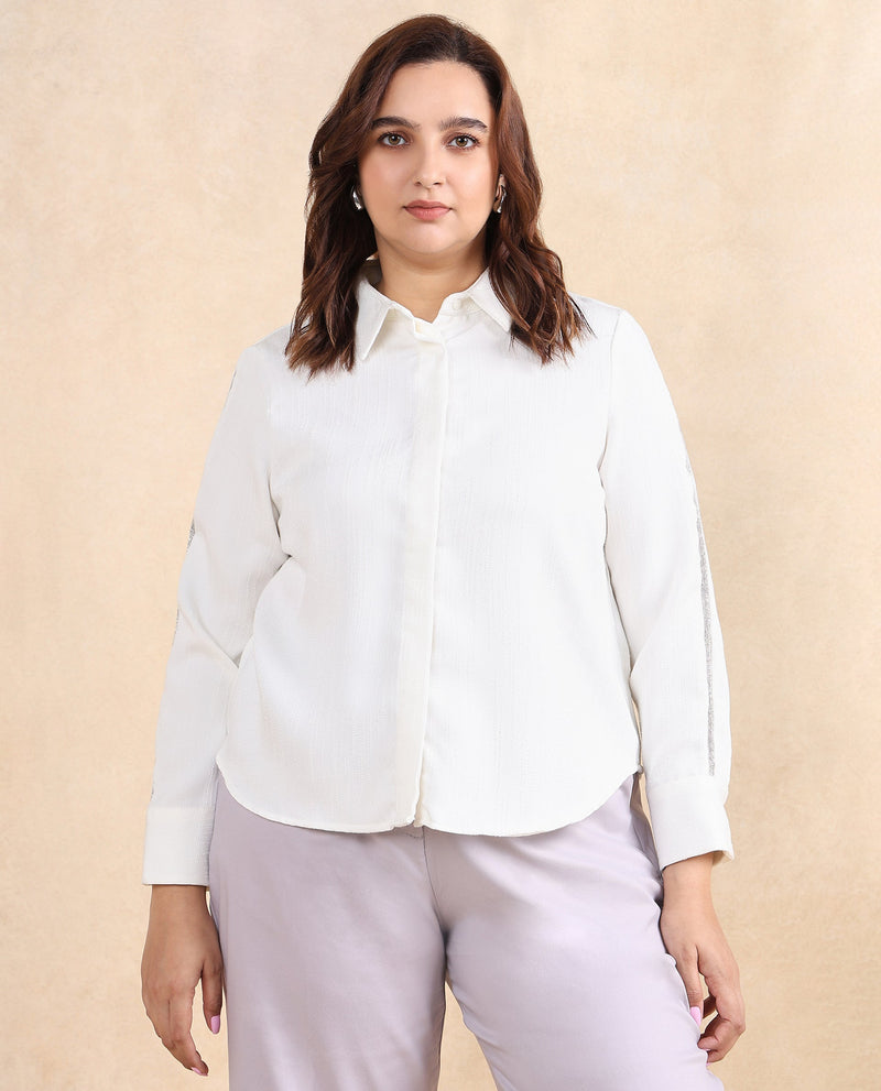 Rareism Women Aivva White Satin Cuffed Sleeve Collared Neck Button Closure Plain Shirt