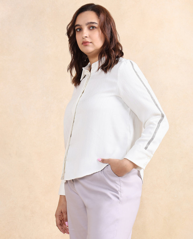 Rareism Women Aivva White Satin Cuffed Sleeve Collared Neck Button Closure Plain Shirt