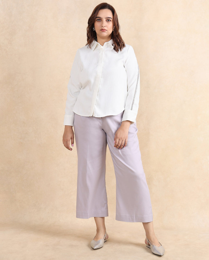 Rareism Women Aivva White Satin Cuffed Sleeve Collared Neck Button Closure Plain Shirt