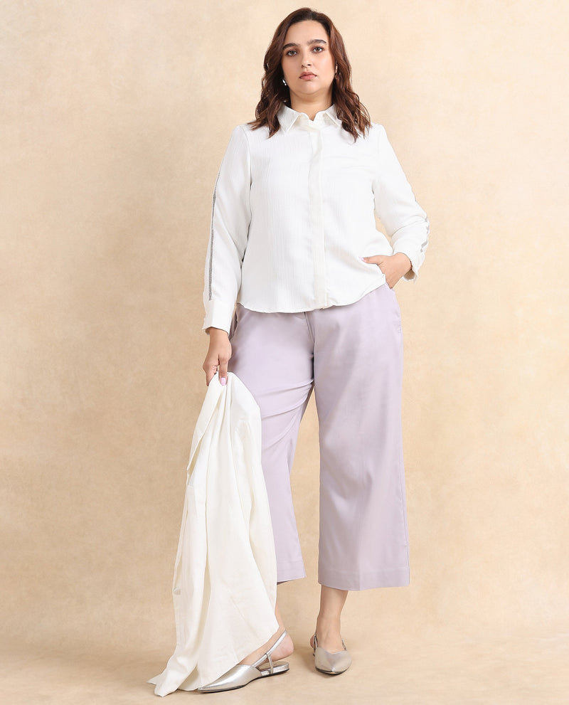 Rareism Women Aivva White Satin Cuffed Sleeve Collared Neck Button Closure Plain Shirt