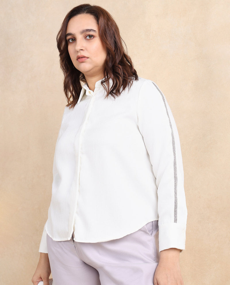 Rareism Women Aivva White Satin Cuffed Sleeve Collared Neck Button Closure Plain Shirt