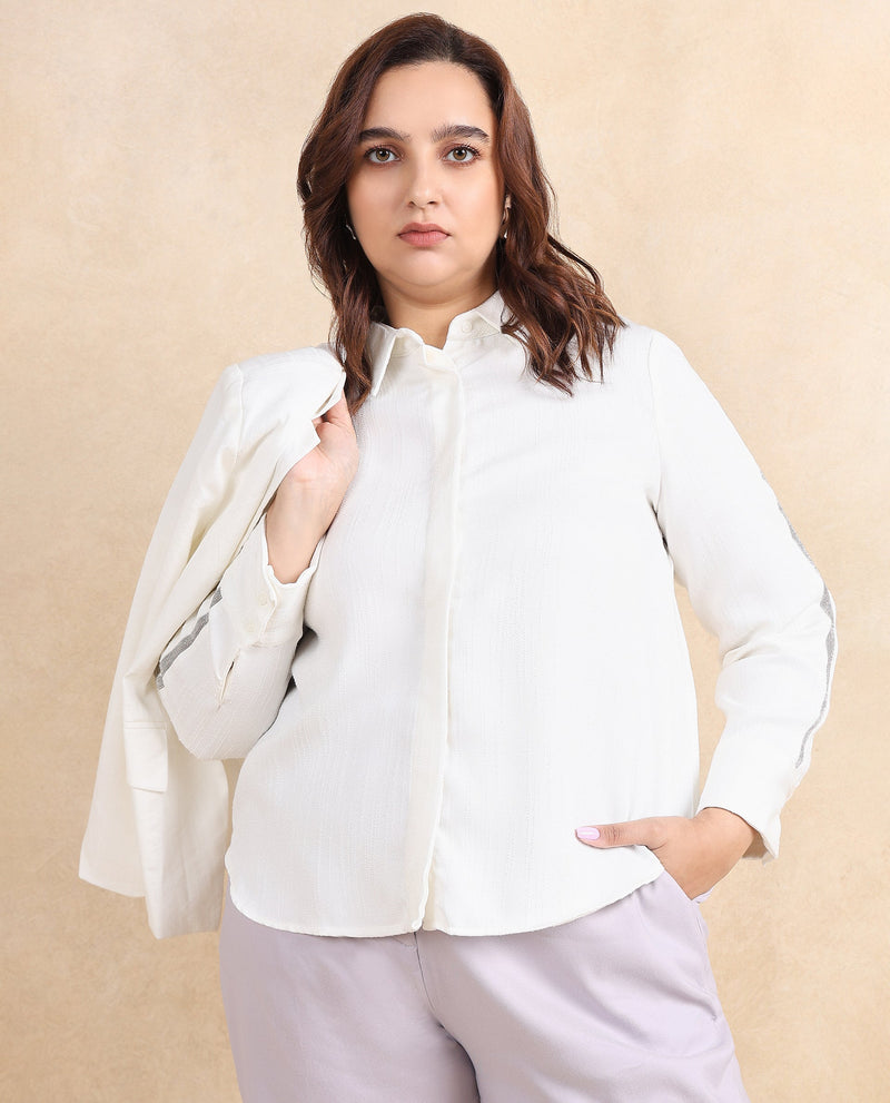 Rareism Women Aivva White Satin Cuffed Sleeve Collared Neck Button Closure Plain Shirt