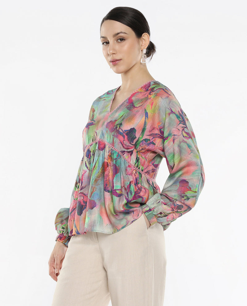 Rareism Women Ajax Multi Bishop Sleeves V-Neck Floral Print Top