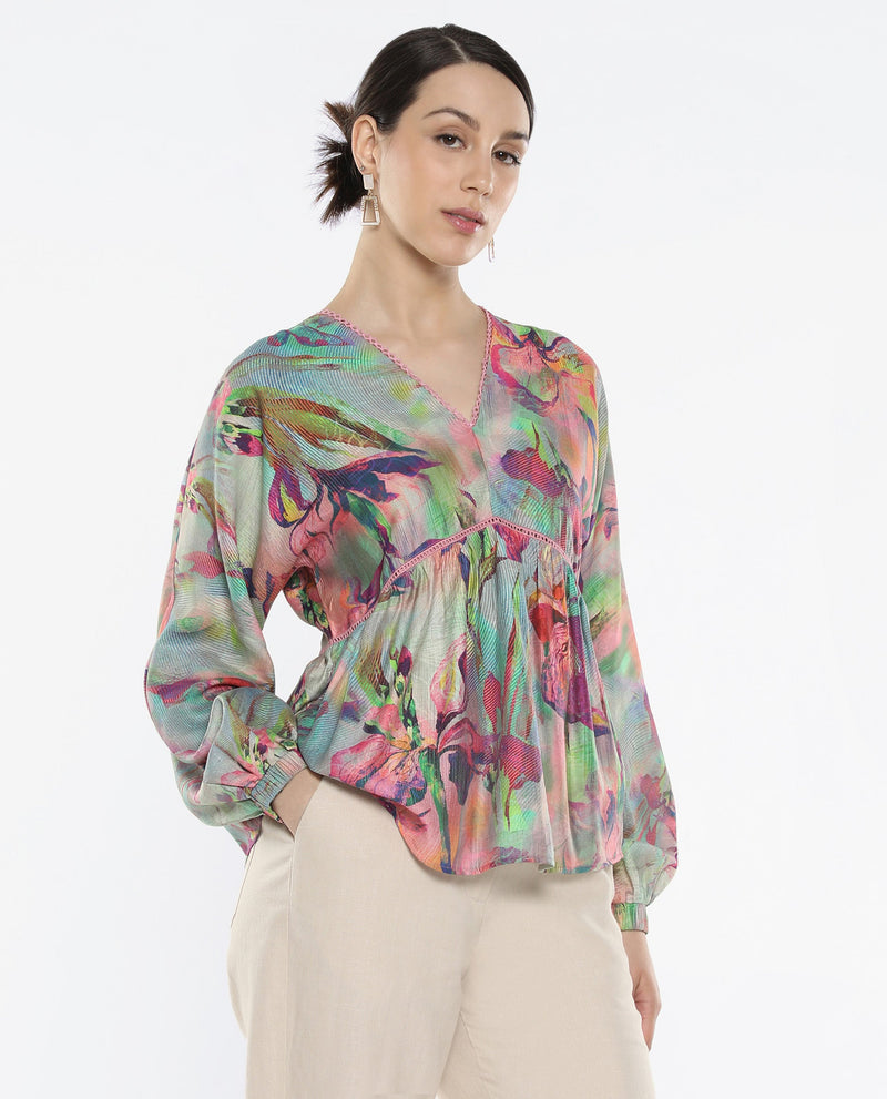 Rareism Women Ajax Multi Bishop Sleeves V-Neck Floral Print Top