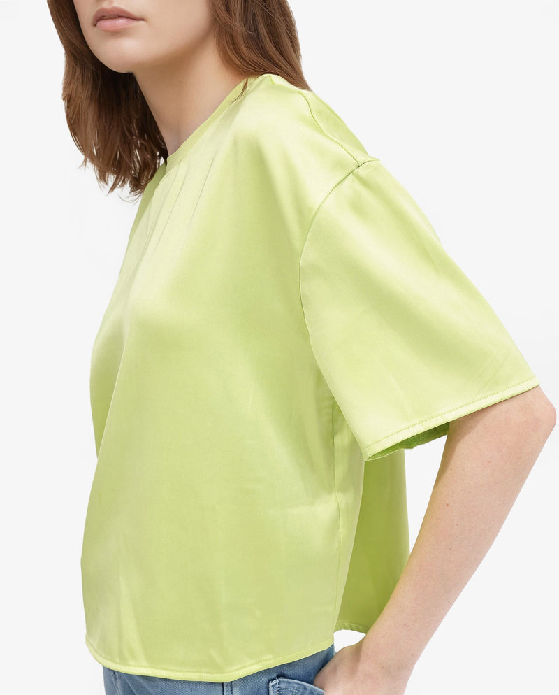 Rareism Women Akiya Green Polyester Fabric Short Sleeve Top with Ribbed Neck