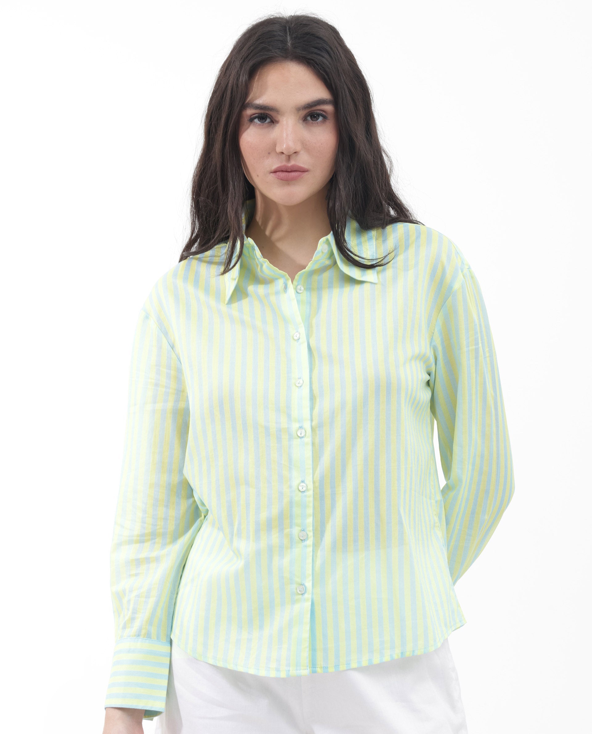 Rareism Women's Aksana Blue Cotton Drop Collar Striped Cuffed Sleeve Regular Fit Shirt