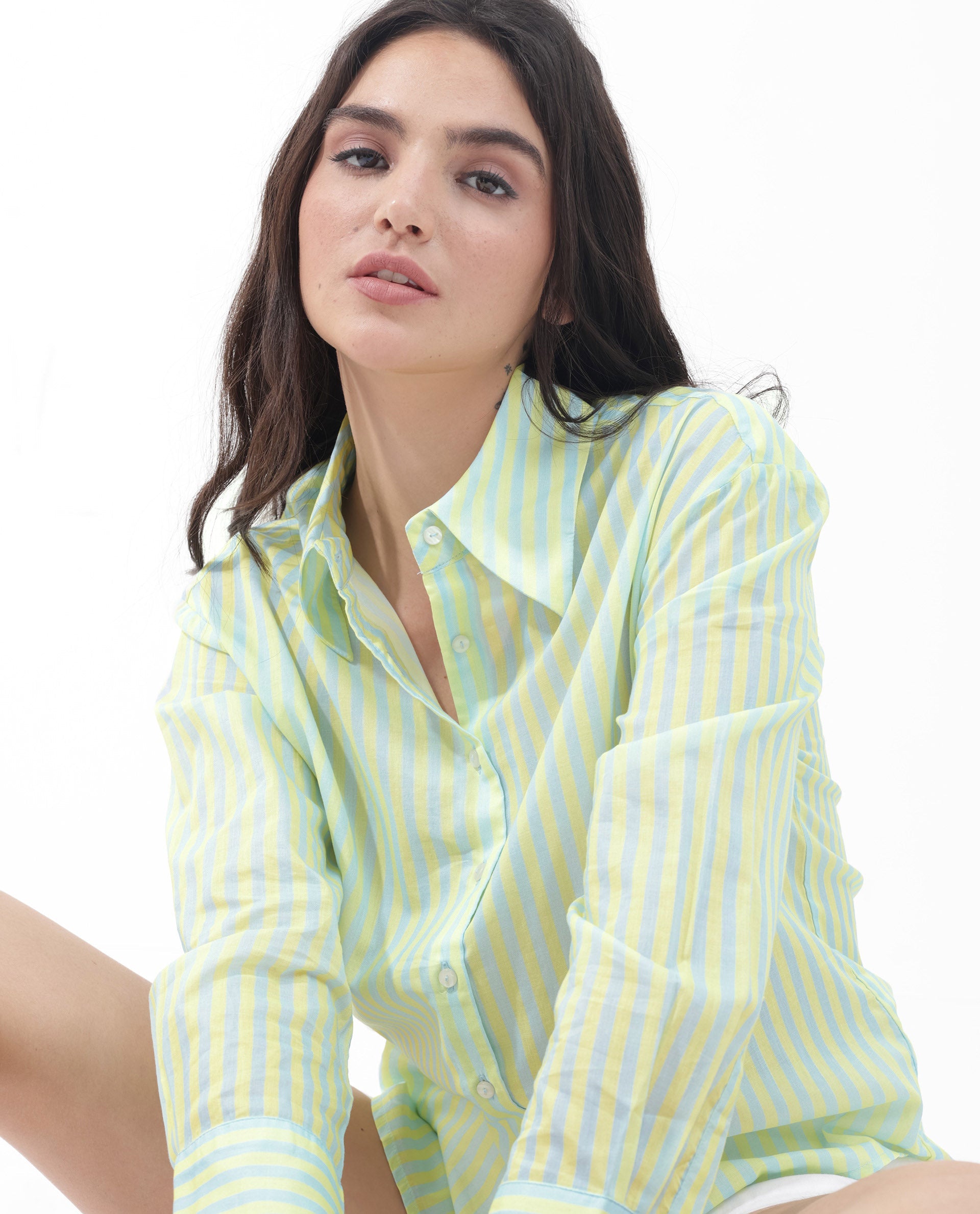 Rareism Women's Aksana Blue Cotton Drop Collar Striped Cuffed Sleeve Regular Fit Shirt