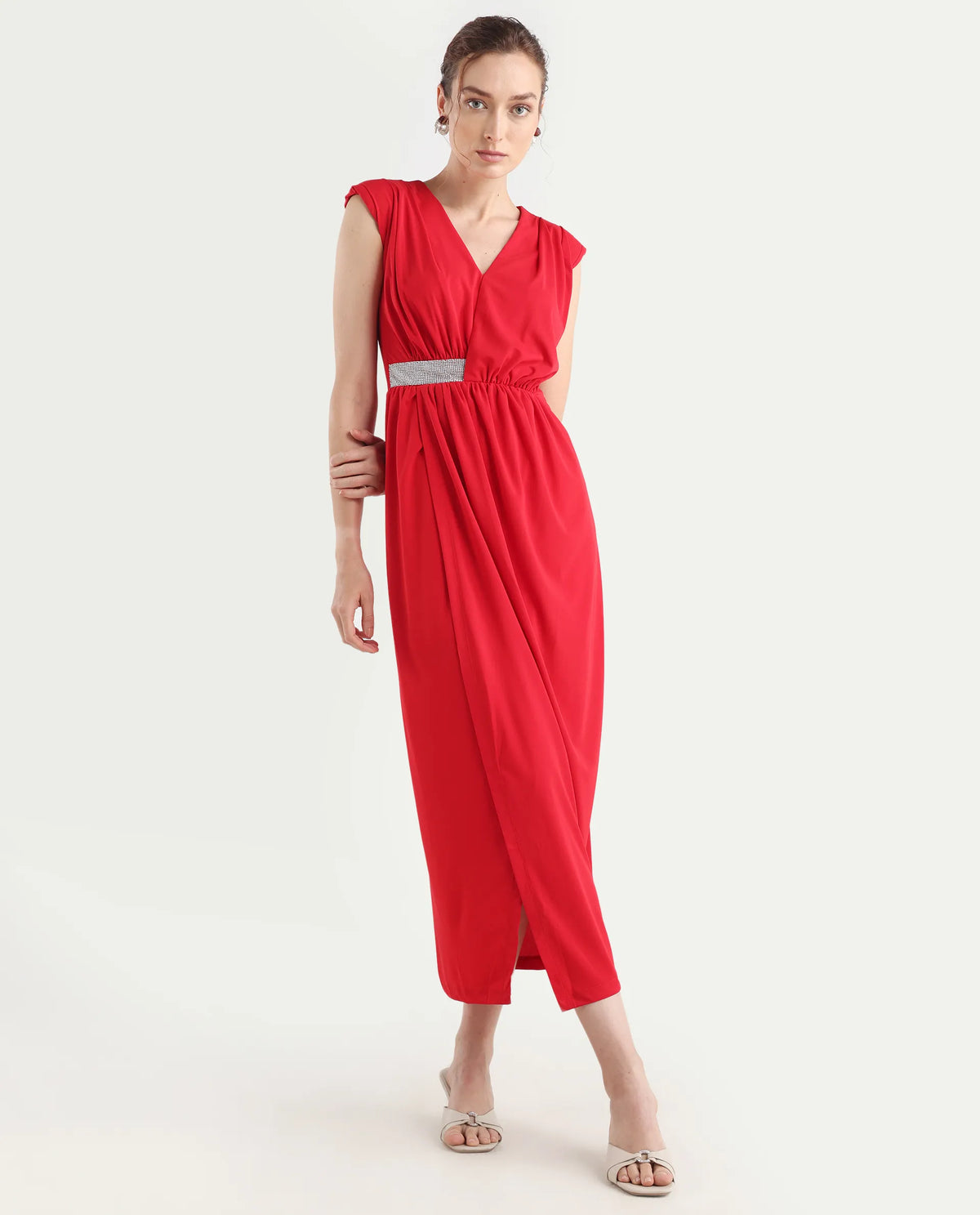 Rareism Women's Aksaray Maroon Polyester Wrap Neck Plain Sleeveless Maxi Fitted Dress