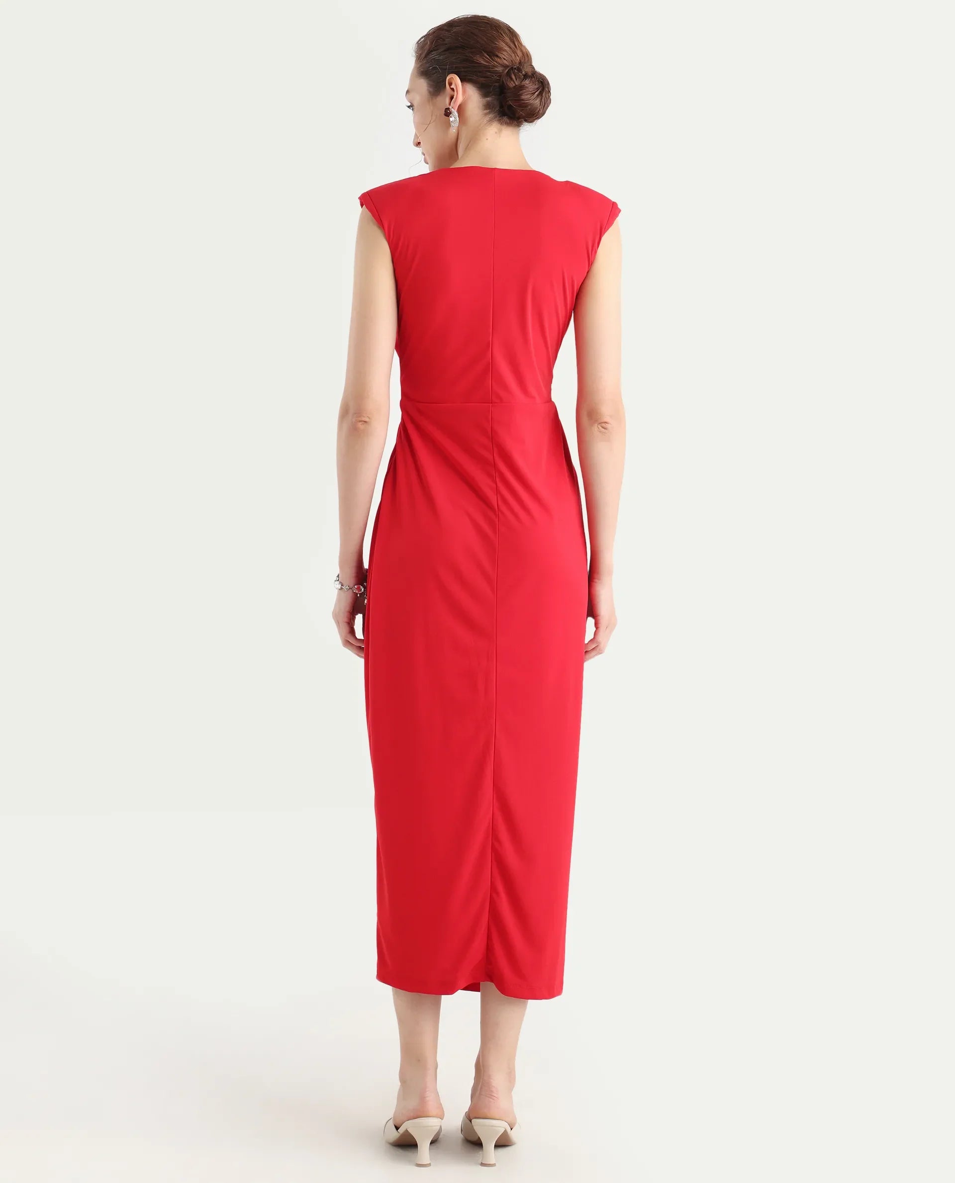 Rareism Women's Aksaray Maroon Polyester Wrap Neck Plain Sleeveless Maxi Fitted Dress