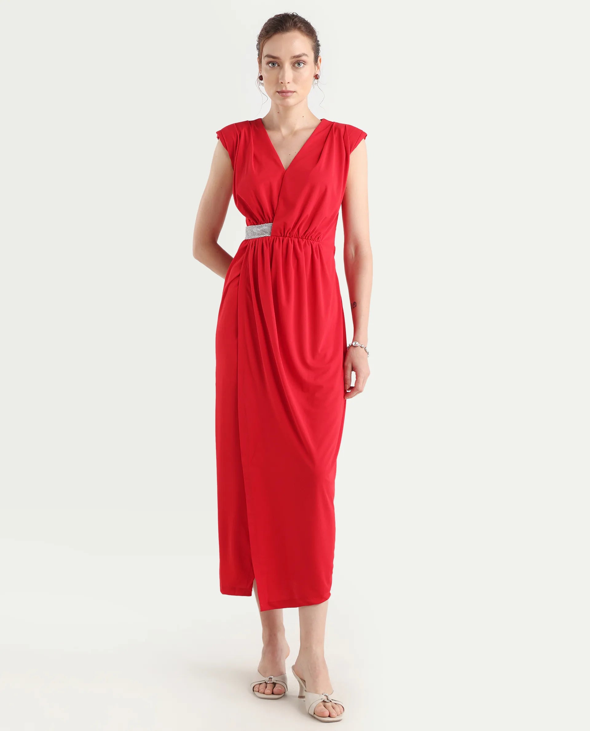 Rareism Women's Aksaray Maroon Polyester Wrap Neck Plain Sleeveless Maxi Fitted Dress