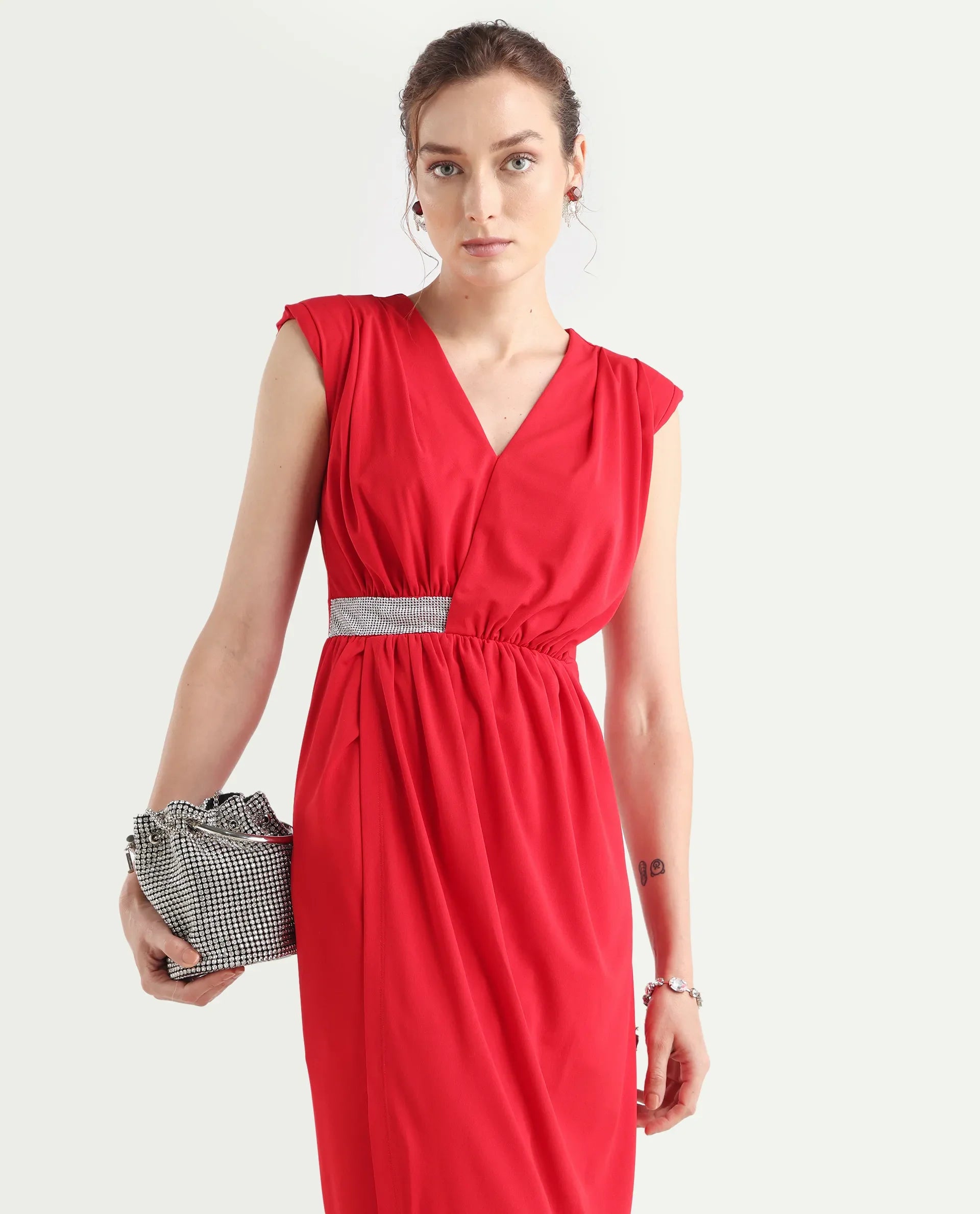 Rareism Women's Aksaray Maroon Polyester Wrap Neck Plain Sleeveless Maxi Fitted Dress