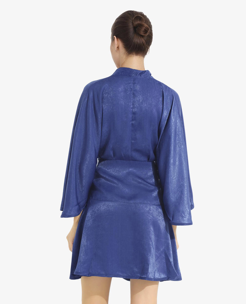 Rareism Women Alapeno Blue Bell Sleeves Over Lap Neck Fit And Flare Plain Mini Dress