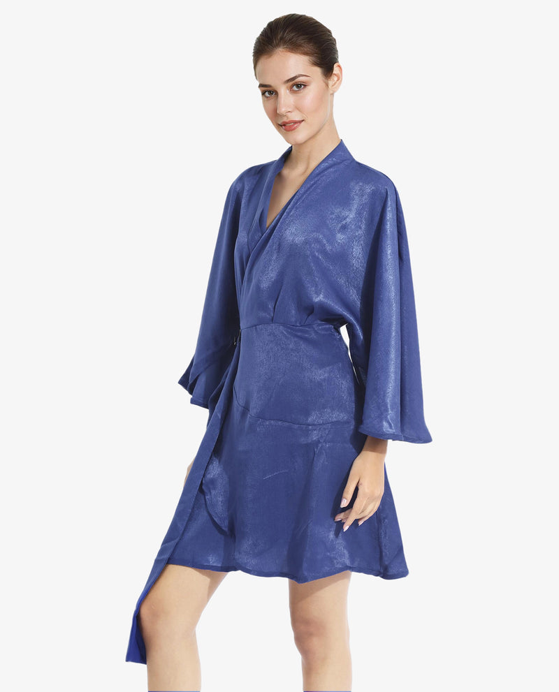 Rareism Women Alapeno Blue Bell Sleeves Over Lap Neck Fit And Flare Plain Mini Dress