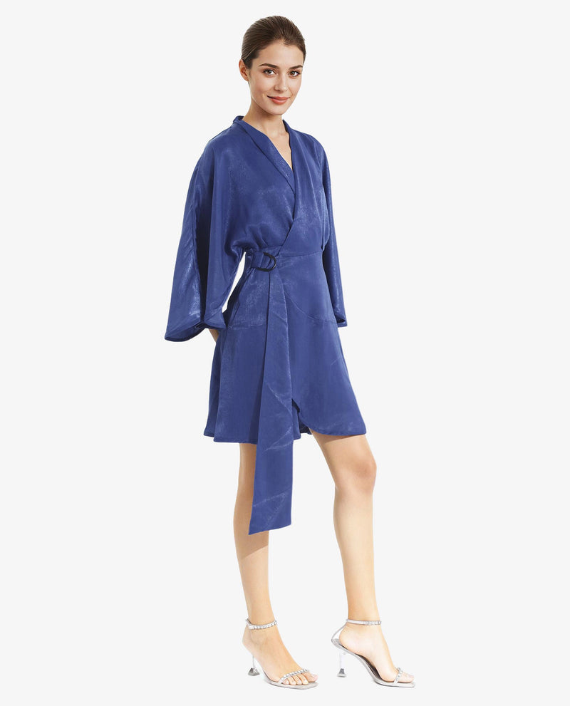 Rareism Women Alapeno Blue Bell Sleeves Over Lap Neck Fit And Flare Plain Mini Dress