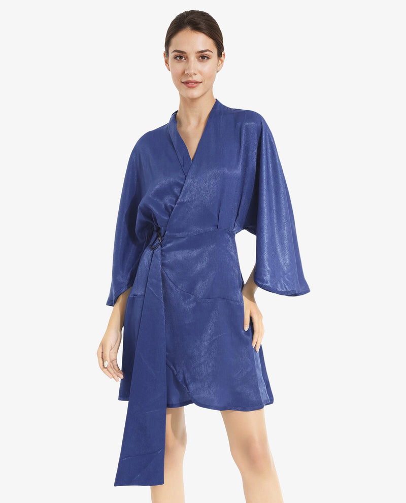 Rareism Women Alapeno Blue Bell Sleeves Over Lap Neck Fit And Flare Plain Mini Dress