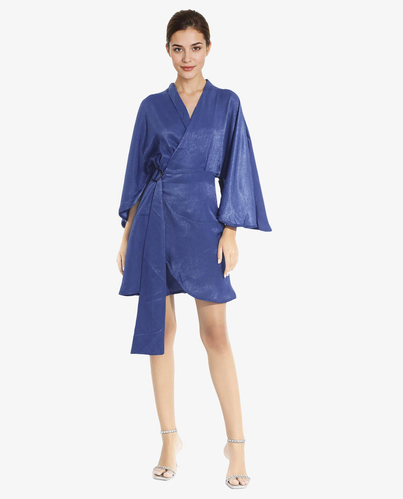 Rareism Women Alapeno Blue Bell Sleeves Over Lap Neck Fit And Flare Plain Mini Dress