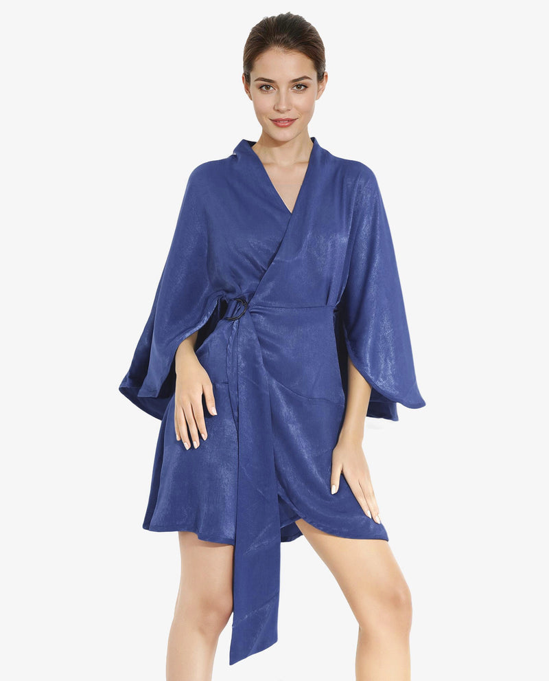 Rareism Women Alapeno Blue Bell Sleeves Over Lap Neck Fit And Flare Plain Mini Dress