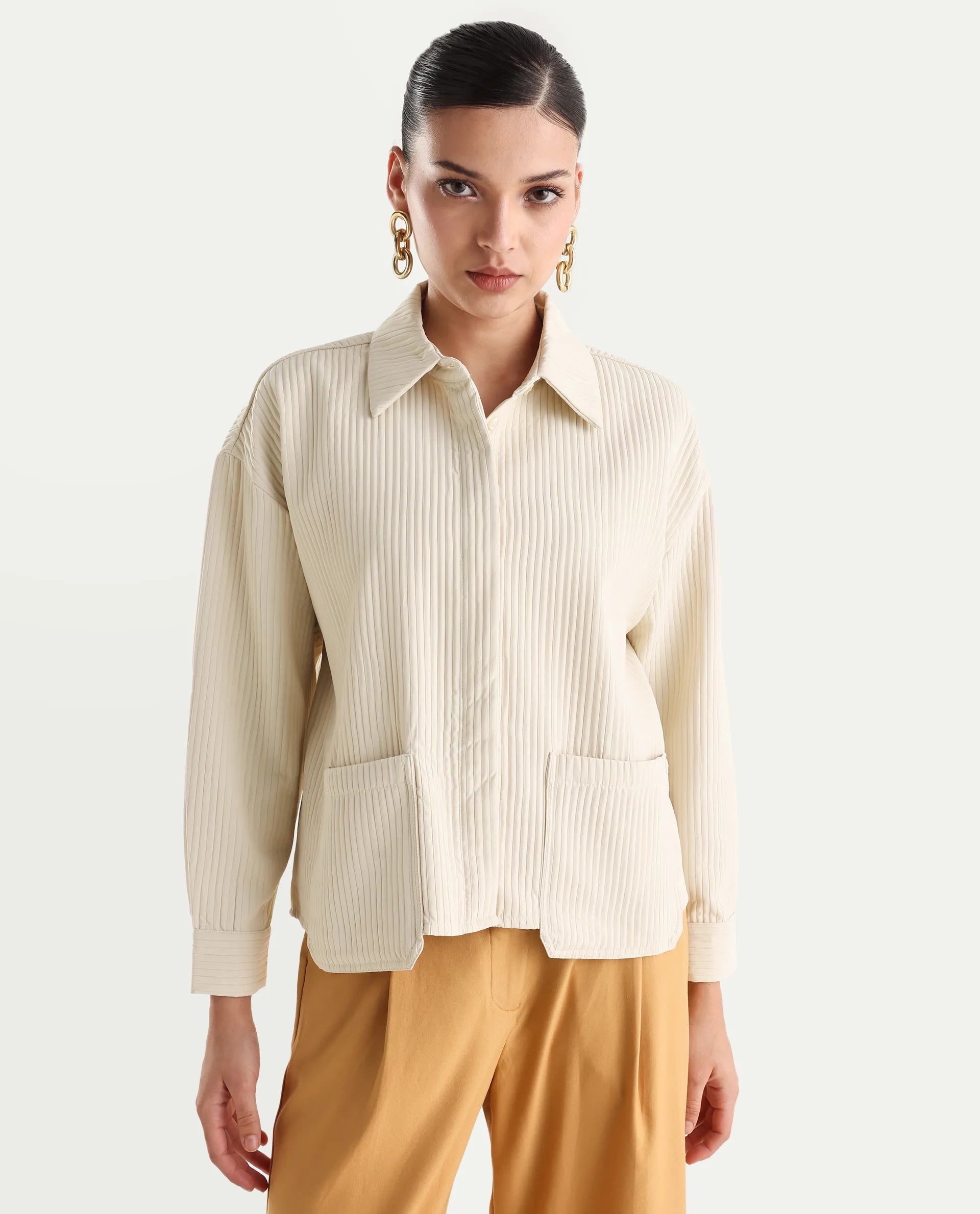 Rareism Women's Albury Off White Polyester Drop Collar Plain Cuffed Sleeve Boxy Fit Jacket