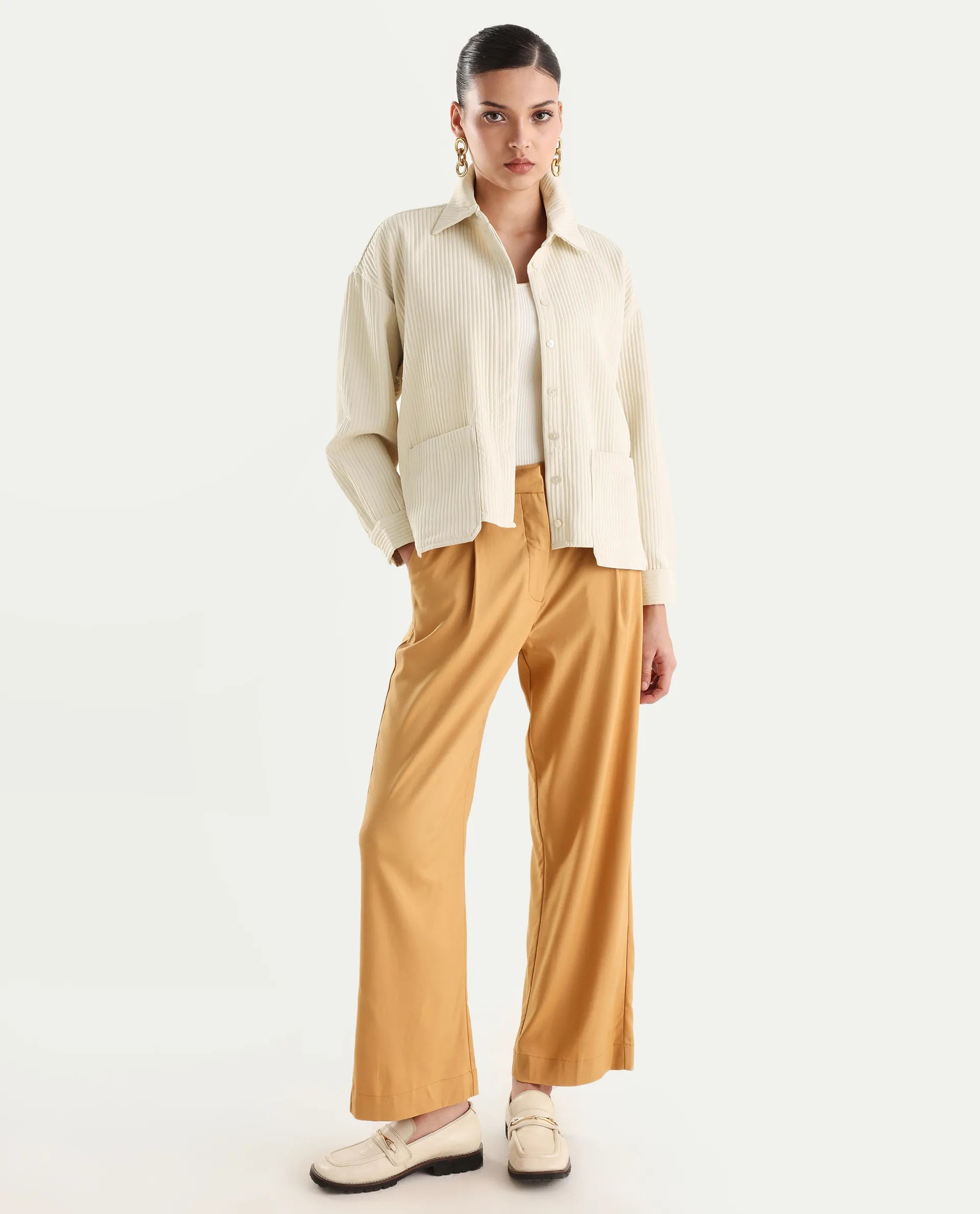 Rareism Women's Albury Off White Polyester Drop Collar Plain Cuffed Sleeve Boxy Fit Jacket