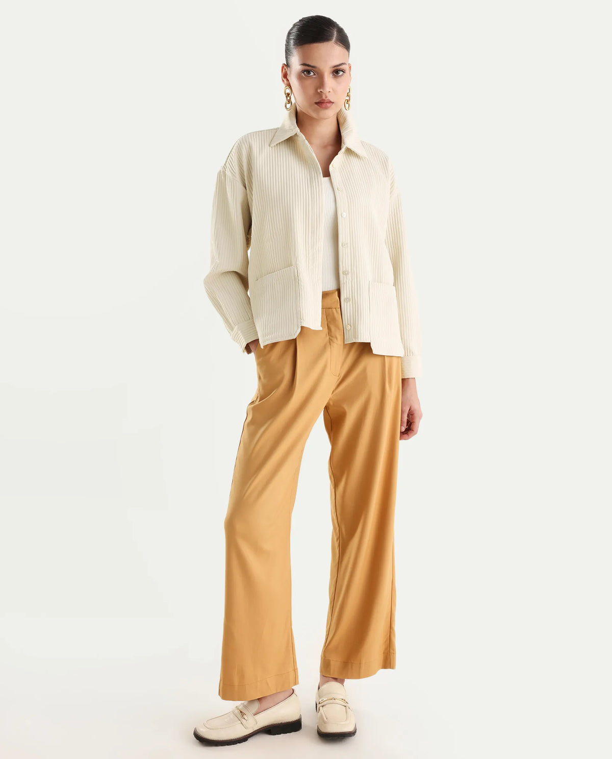 Rareism Women's Albury Off White Polyester Drop Collar Plain Cuffed Sleeve Boxy Fit Jacket