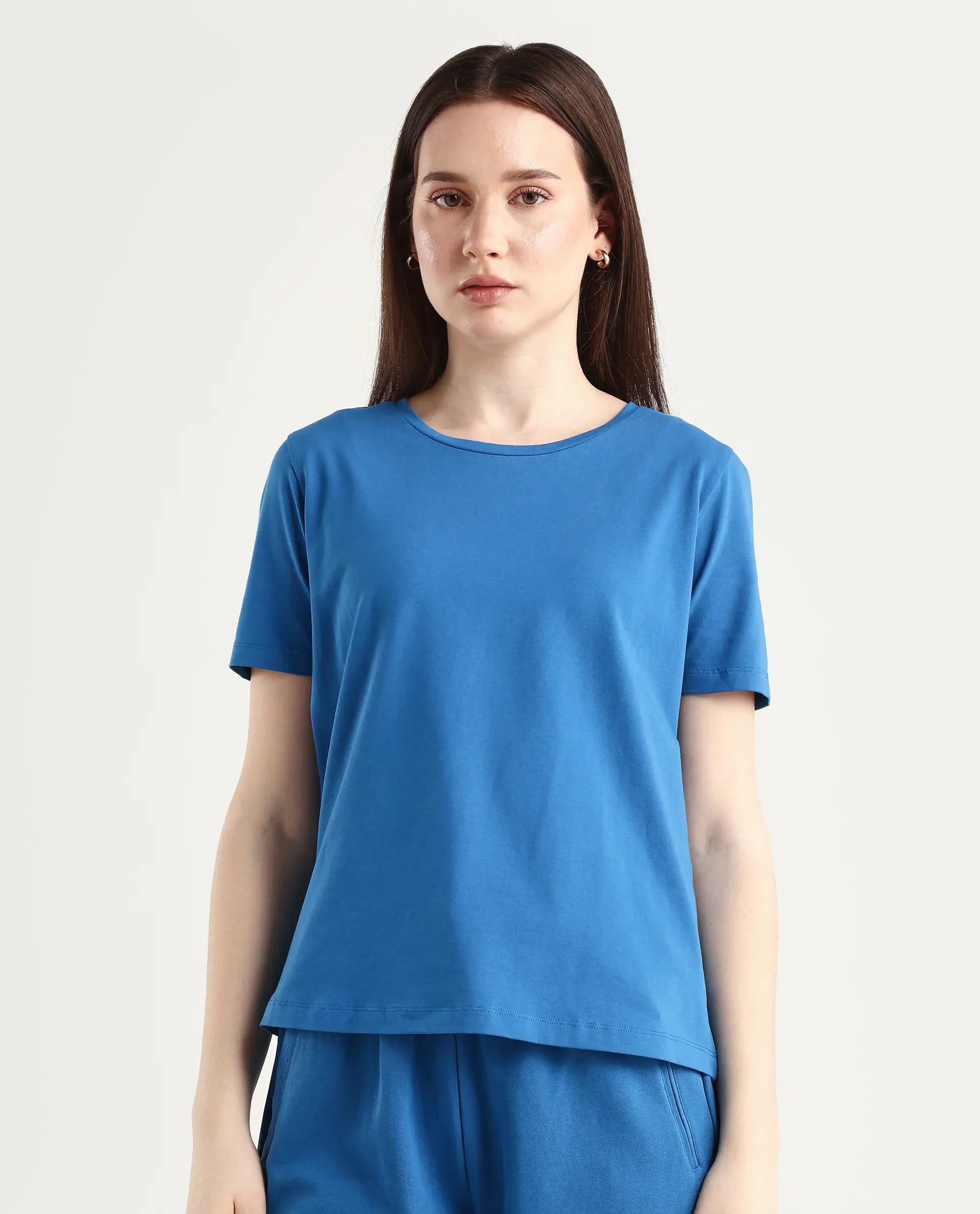 Rareism Women's Light Weight High Stretch 180 Gsm Cotton Crew Neck Plain Regular Fit T-Shirt