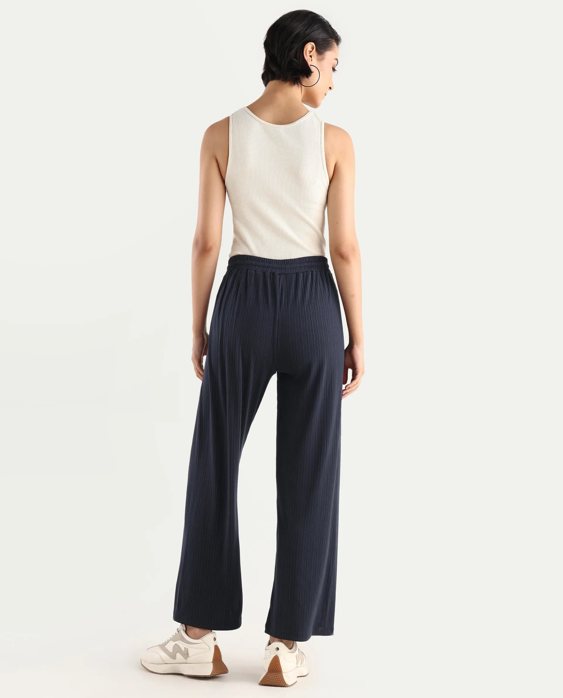 Rareism Women's Alcazar Dark Blue Polyester Blend Plain Ankle Length Straight Fit Trouser
