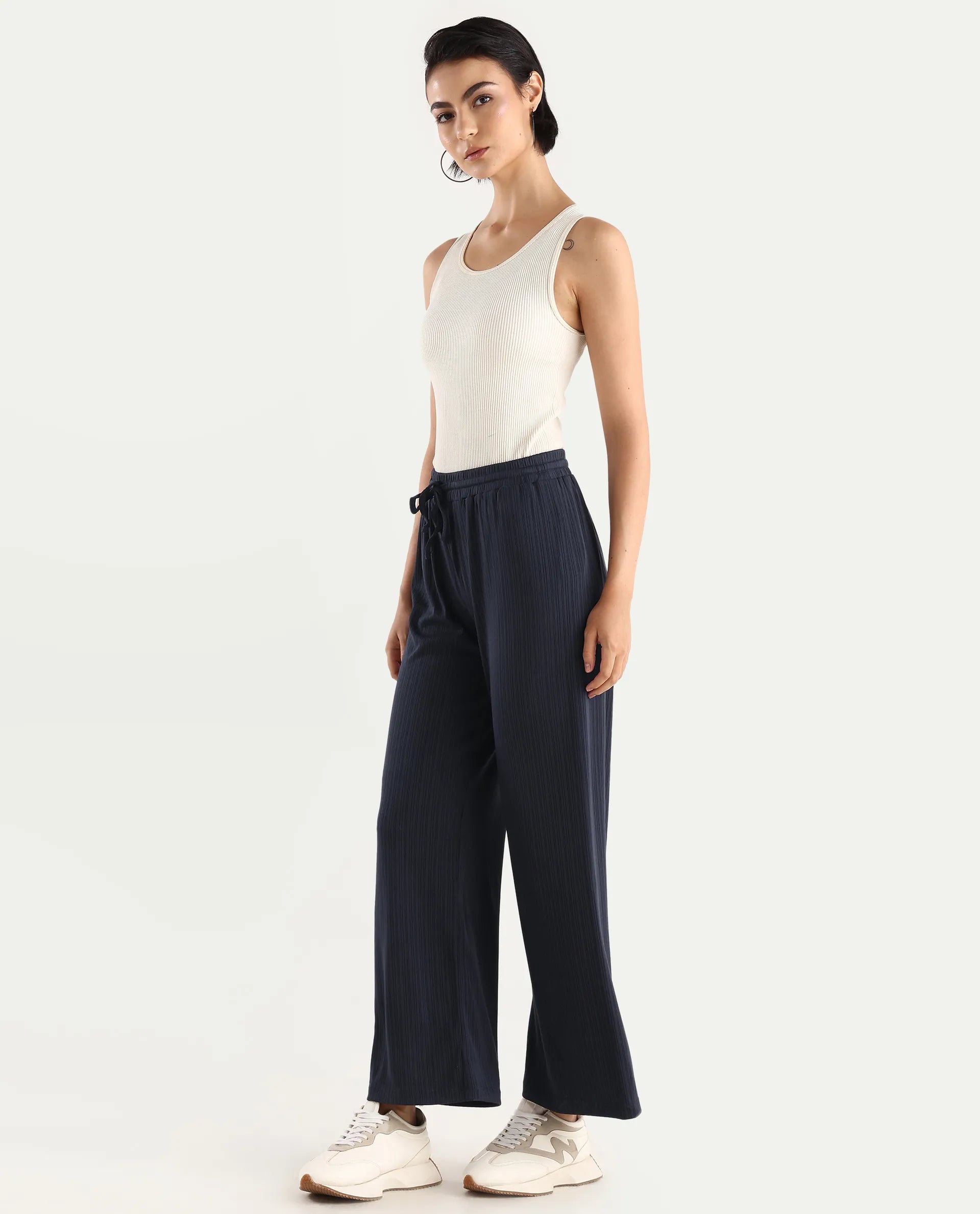 Rareism Women's Alcazar Dark Blue Polyester Blend Plain Ankle Length Straight Fit Trouser