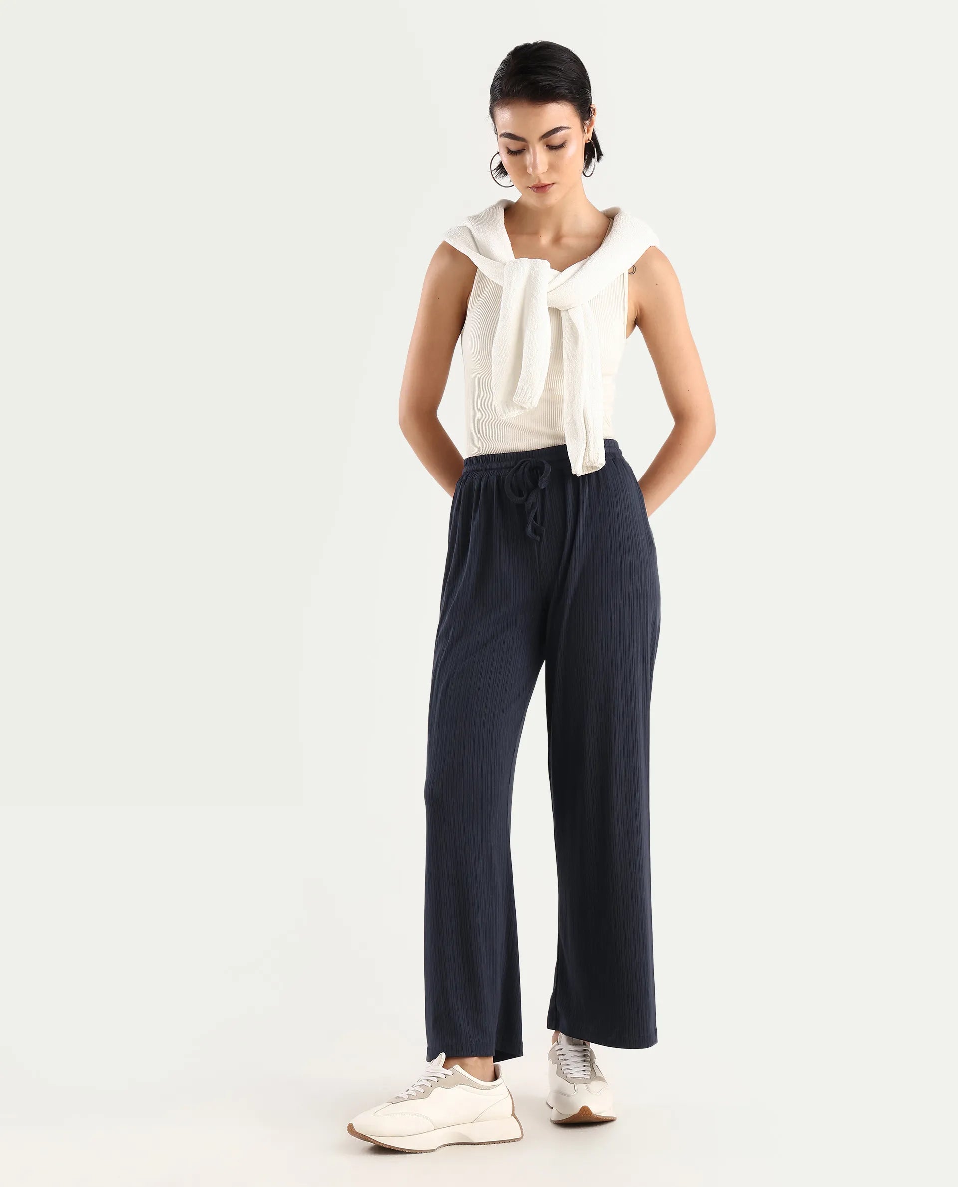 Rareism Women's Alcazar Dark Blue Polyester Blend Plain Ankle Length Straight Fit Trouser