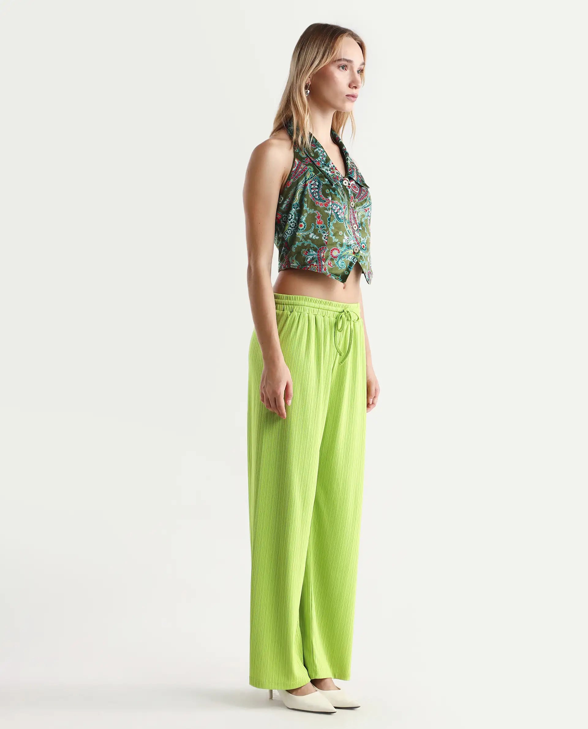 Rareism Women's Alcazar Flouroscent Green Polyester Blend Plain Ankle Length Straight Fit Trouser