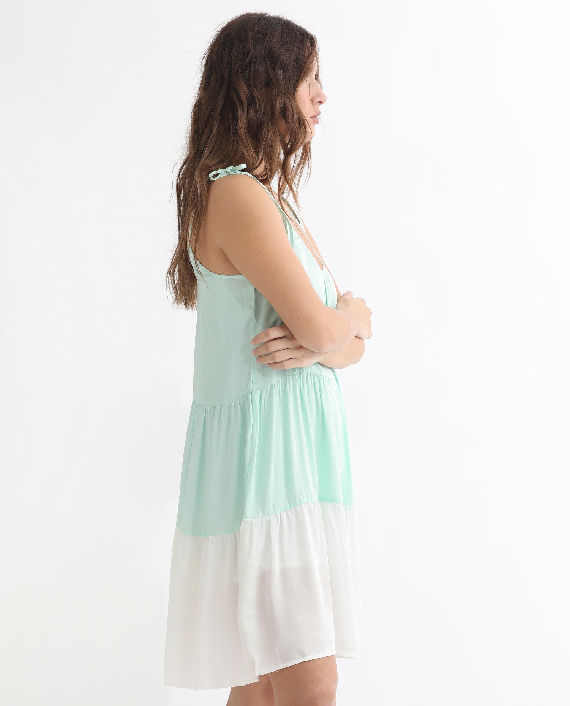 Rareism Women Aldo Light Green U Neck Sleeveless With Tie-Up Straps Mini Dress