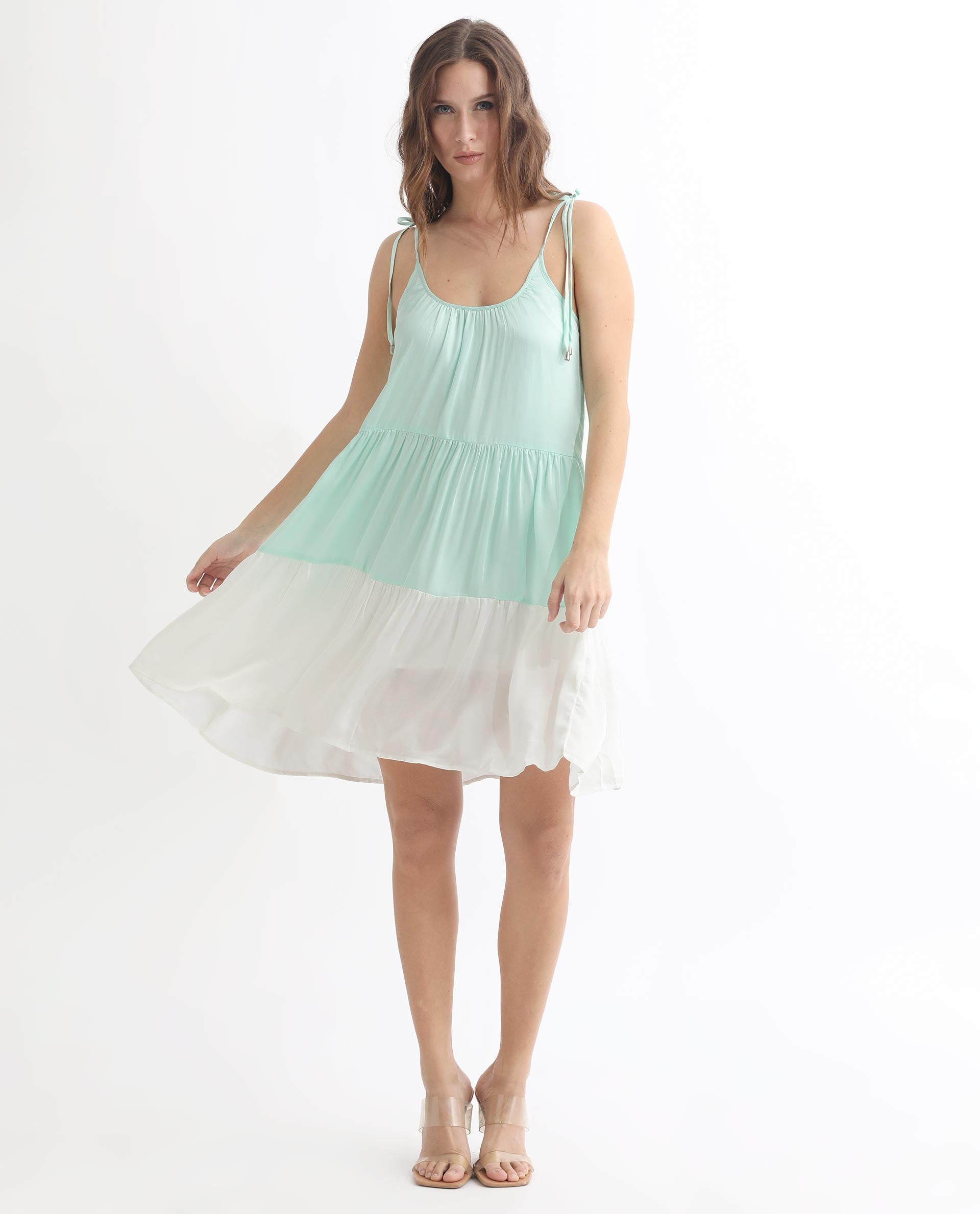 Rareism Women's Aldo Green Modal Blend Tie-Up Neck Color Block Shoulder Strap Knee Length Flared Dress