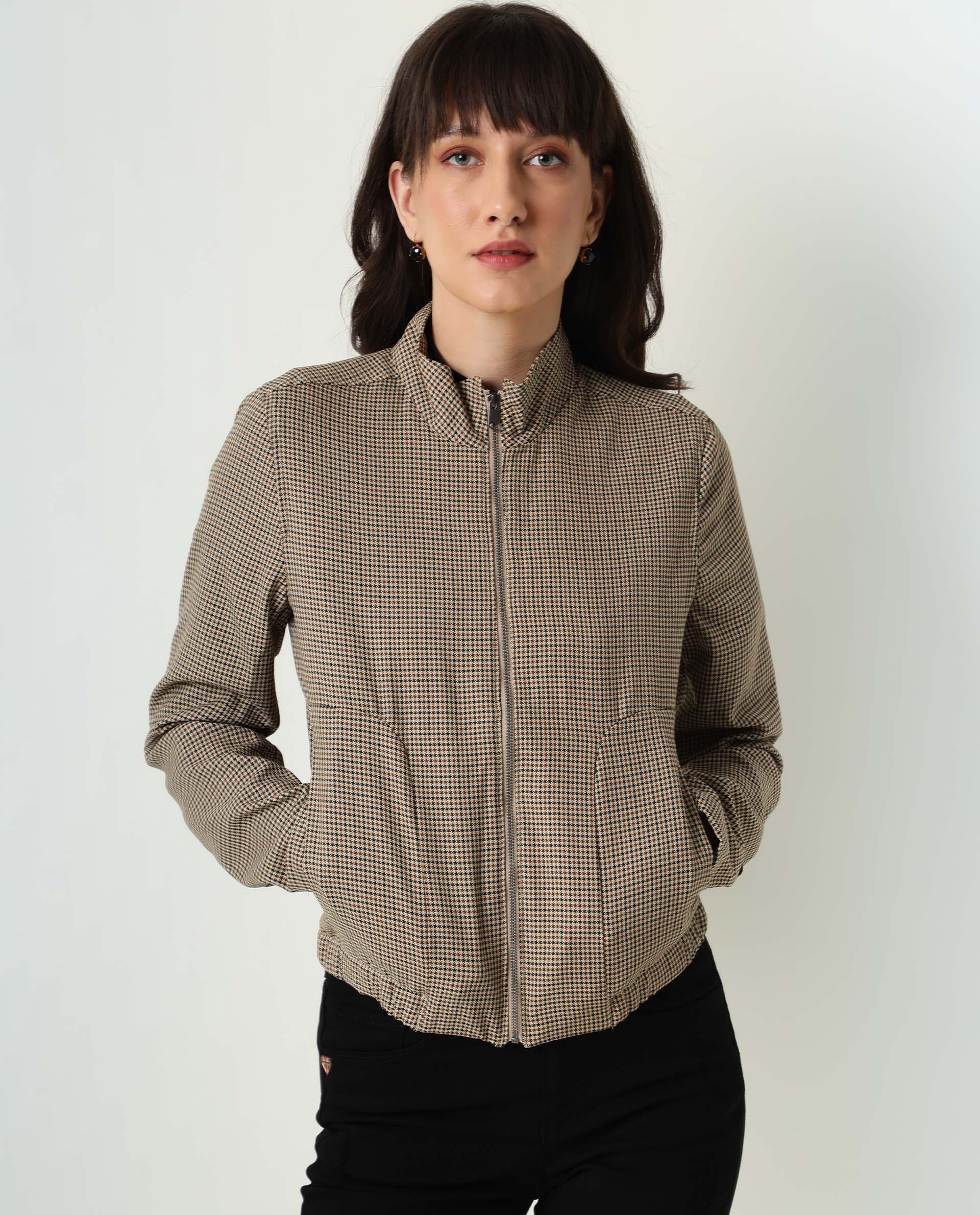 Rareism Womens Alex Yellow Bomber Jacket Full Sleeves Check Pattern