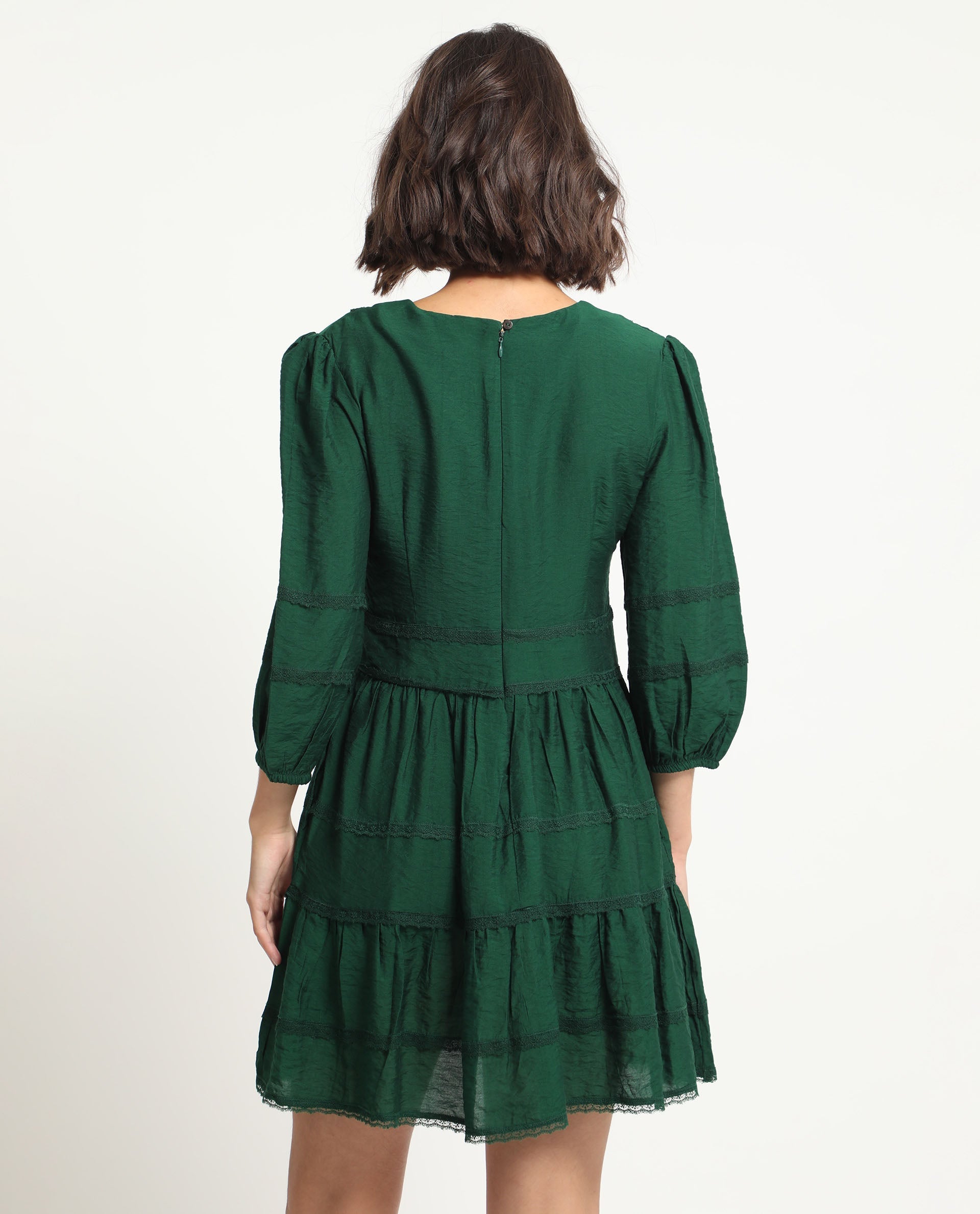 Rareism Women's Alexa Dark Green Viscose V-Neck Plain Balloon Sleeve Mini Regular Fit Dress