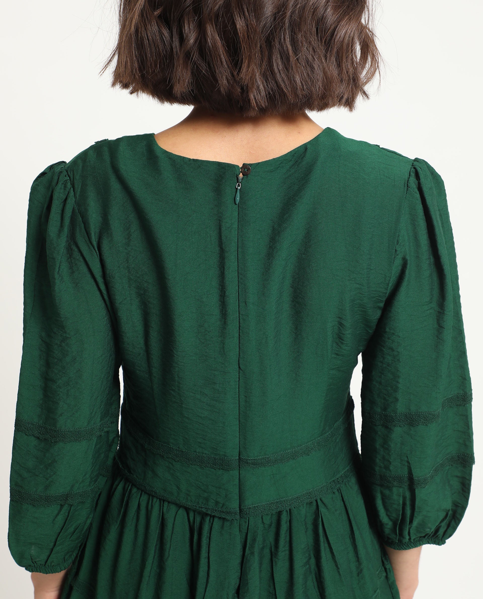 Rareism Women's Alexa Dark Green Viscose V-Neck Plain Balloon Sleeve Mini Regular Fit Dress