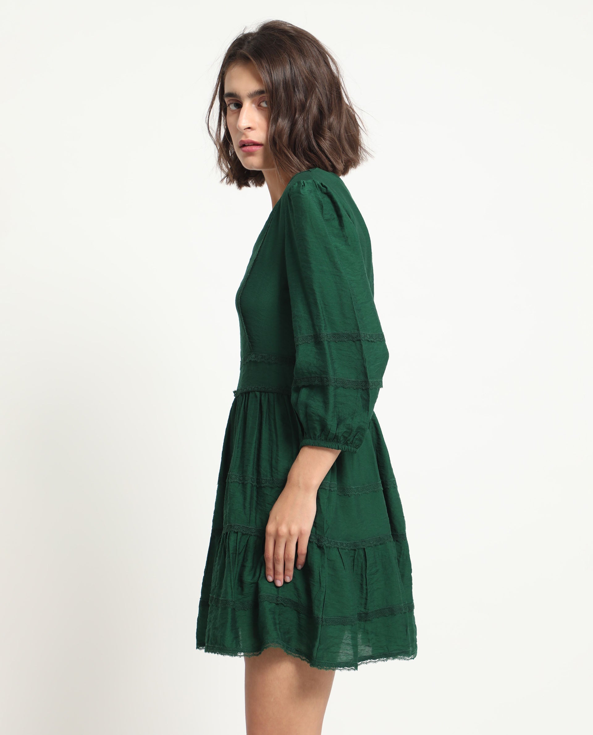 Rareism Women's Alexa Dark Green Viscose V-Neck Plain Balloon Sleeve Mini Regular Fit Dress