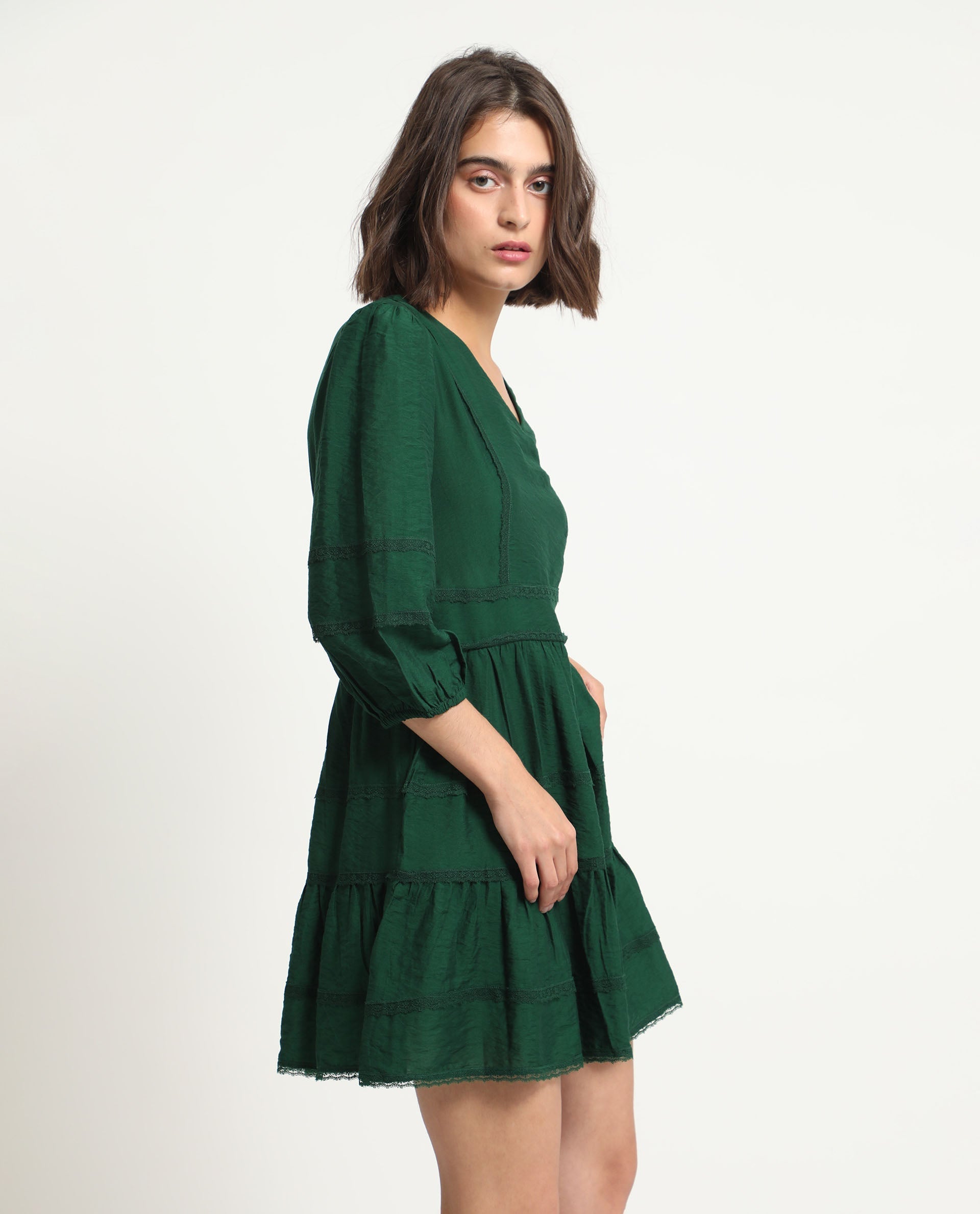 Rareism Women's Alexa Dark Green Viscose V-Neck Plain Balloon Sleeve Mini Regular Fit Dress