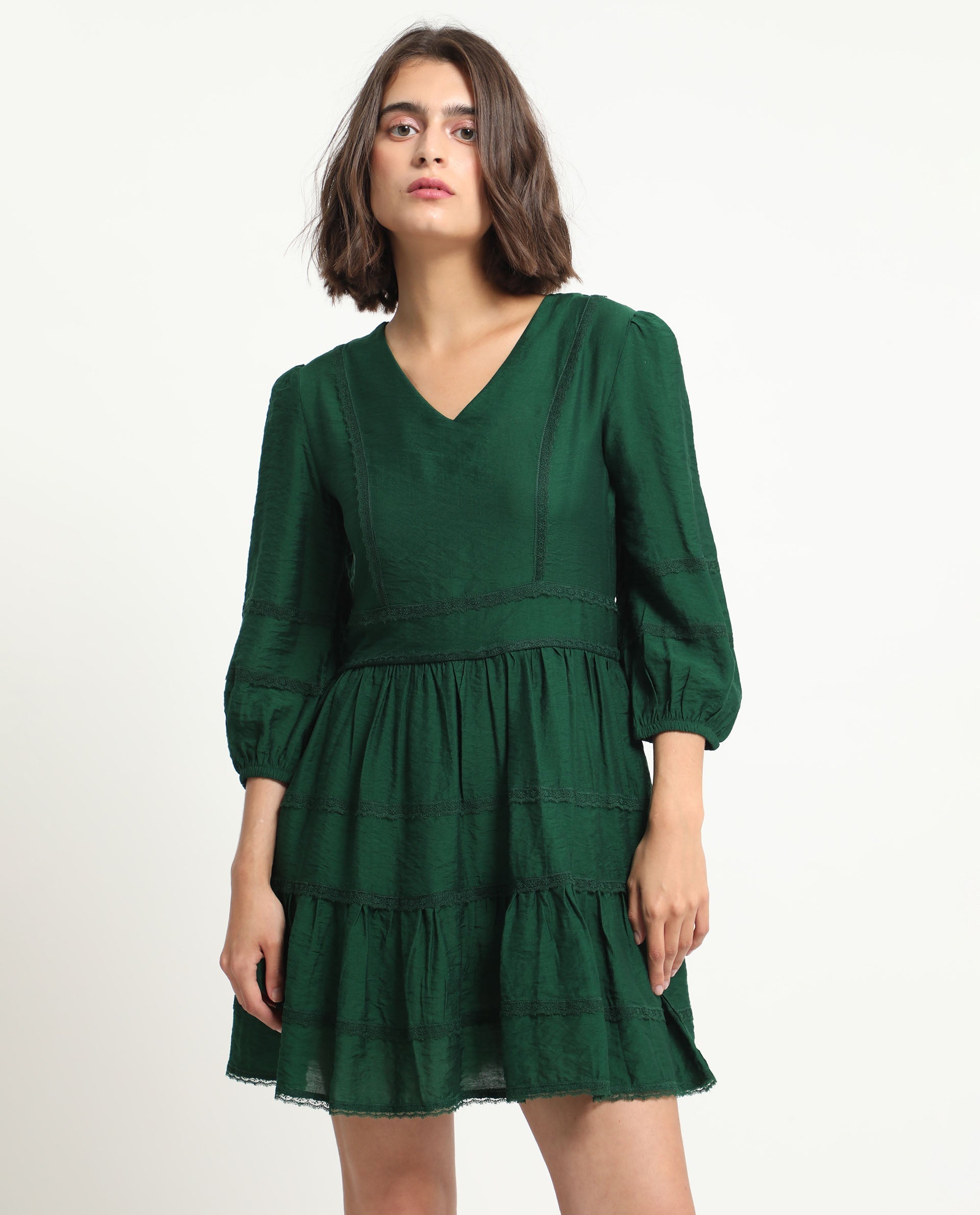 Rareism Women's Alexa Dark Green Viscose V-Neck Plain Balloon Sleeve Mini Regular Fit Dress