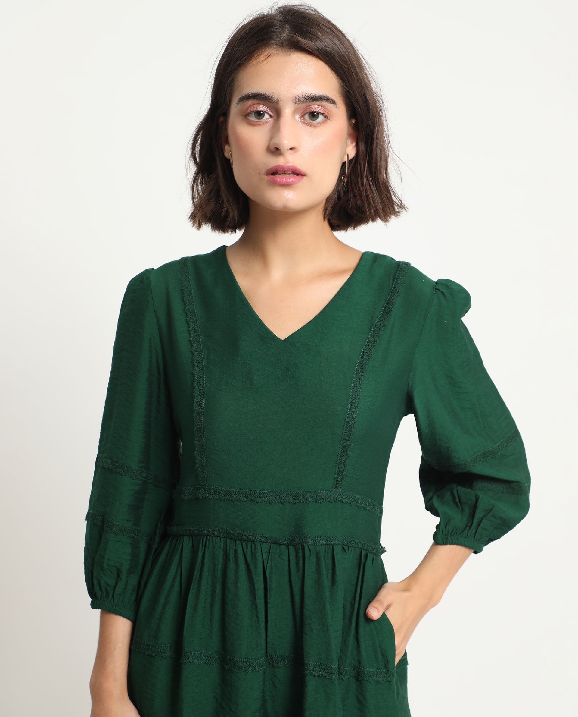 Rareism Women's Alexa Dark Green Viscose V-Neck Plain Balloon Sleeve Mini Regular Fit Dress